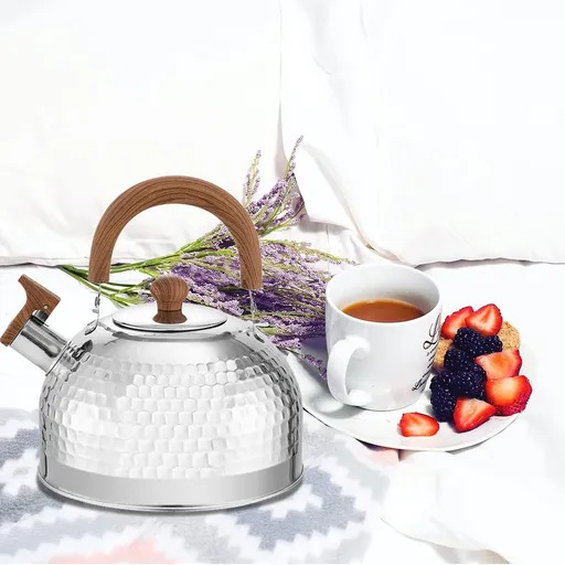 Loud Whistling Kettle for Boiling Water Coffee or Milk, 3.1 Quart 3L Heavy Stainless Steel Kettle with Wood Pattern Handle