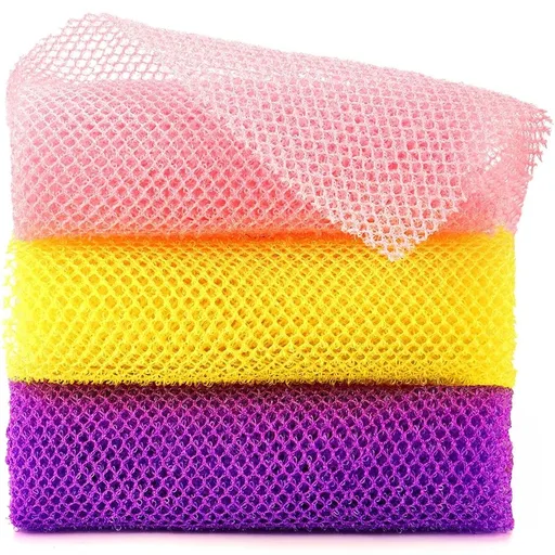 3 Pieces Bath Sponge Exfoliating Long Net Shower Body Scrubber 11.8 x 31.4 Inches Pink Yellow Purple