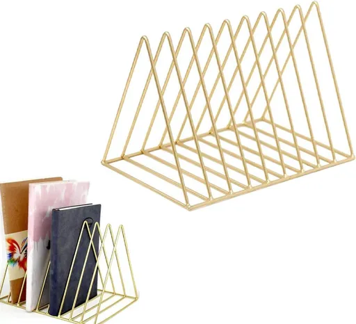 Magazine Rack - Record Rack - Mail Organizer - Steel Triangle Mail and Book Rack - Newspaper Holder - Mail Organizer - Reading Tray - Magazine Holder - Newspaper Rack - Magazine Bin - Freestanding - Storage for Mail, Magazines, and Books - Gold - Met