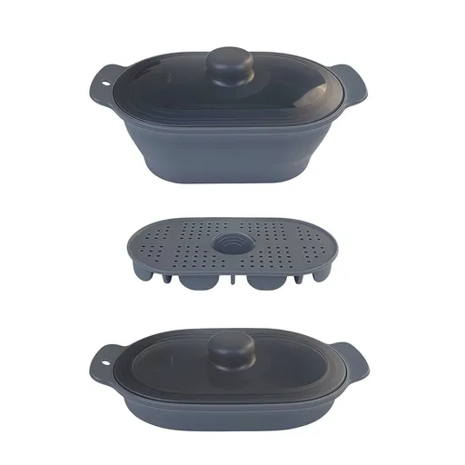 Foldable Food-Grade Silicone Steamer Pot with Lid and Steamer Rack – Space-Saving Collapsible Cookware for Microwave, Air Fryer, Camping, and Outdoor Meals, Available in Round and Rectangular Sizes (Rectangular Style, Grey)