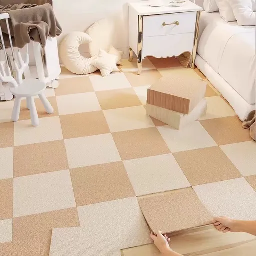 8 x Khaki & 8 x Off-White Durable & Soft Self-Adhesive Carpet Tiles(30x30cm) - Interlocking Non-Slip Square Floor Mat for Bedroom, Office & Living Room