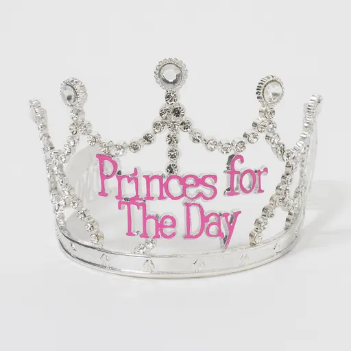 Princess for the Day Tiara – Silver Rhinestone Crown with Pink Lettering - Silver