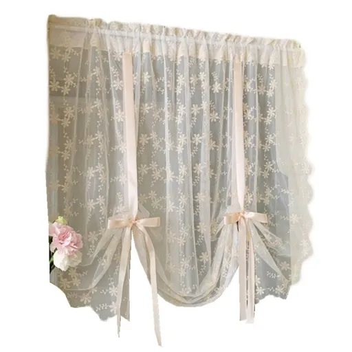 Bowknot Tie Up Kitchen Curtain Floral Balloon Lace Sheer Curtain Tiers for Small Cafe Windows Rod Pocket Light Filtering Ruffled Window Valance for Wedding 1 Panel 59 x 49 Inch