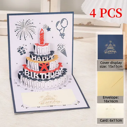 4-Pack - Classic Color Clashes Cake 3D Pop-Up Birthday Cards, Papercut Foldable Greeting Gift Cards - Blue