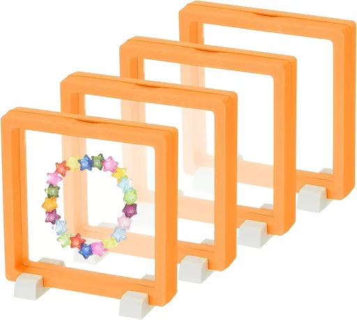 4Pcs Floating Display Case, 4.3 Inch Jewelry Case Stand Challenge Coin Holder Frames Transparent Small Storage Box 3D for Necklace Bracelets Pendants, Orange/White 4.3x4