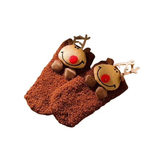 Cozy Cartoon Christmas Baby Socks with Coral Fleece, Anti- Design for Holiday Parties, Brown, 0-12 Months