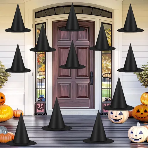 48 PCS Halloween Witch Hats, Black Hanging Witch Hats Porch Yard Decor | Witch Costume Accessories Witches Hat with 328 FT Nylon Cord Wizard Hats Indoor Outdoor Halloween Decorations - Black - Size 48Pcs