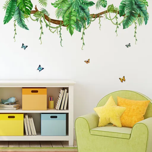 Palm Leaves Wall Art Stickers Jungle Green Plant Leaf Wall Decals for Living Room Bedroom Nursery （30*90cm）
