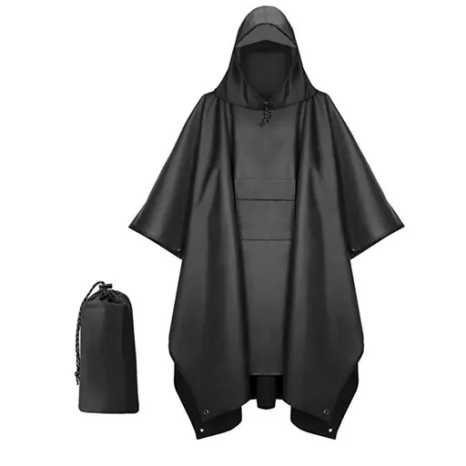 Hooded Rain Poncho for Adult with Pocket, Waterproof Lightweight Unisex Raincoat for Hiking Camping Emergency（black）