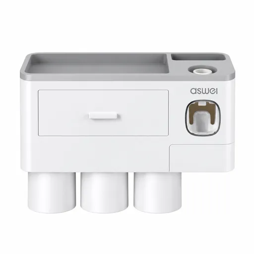 Gray Wall-Mounted Bathroom Organizer with 3 Magnetic Cups - Automatic Toothpaste Dispenser, No-Drill Storage Rack for Families