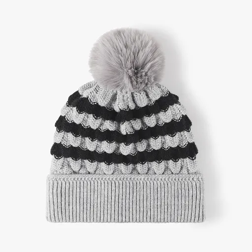2-PCS Grey Stylish Two-Tone Pom-Pom Ear Warmer Knit Hat - Lined for Women