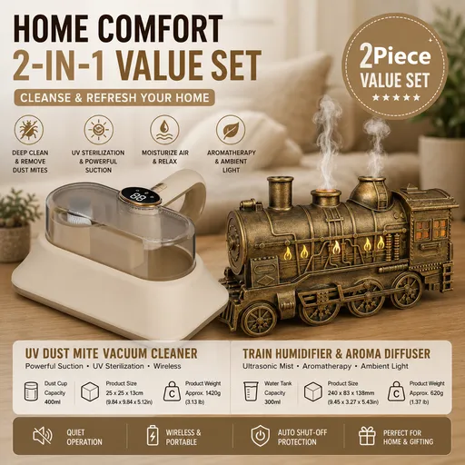 Winter Home Cleaning Comfort Kit - Brass-colored Retro Train Aromatherapy Humidifier and White Cordless UV Mite Remover Vacuum - 300ml Ultrasonic Mist with Jellyfish Smoke Ring, 400ml Dust Cup, LED Night Light, Remote Control for Bedroom and Bedding