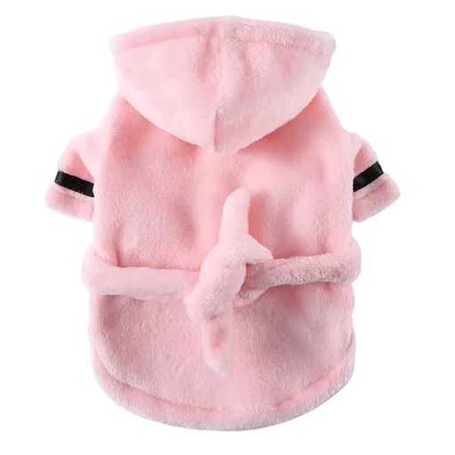 Pink Cozy Pet Bathrobe Sleepwear – Plush Fleece Dog Robe with Hood and Adjustable Waistband for Small to Medium Breeds(Size:L)