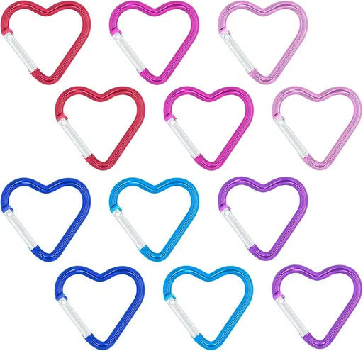 Carabiner - 12 Pieces - Metal Carabiners - Robust - Snap Hook - Aluminum - Snap Hook for Adults - Heart Carabiner - Durable Keychain - Quick Release - For Camping/Hiking/Travel - 6 Colors