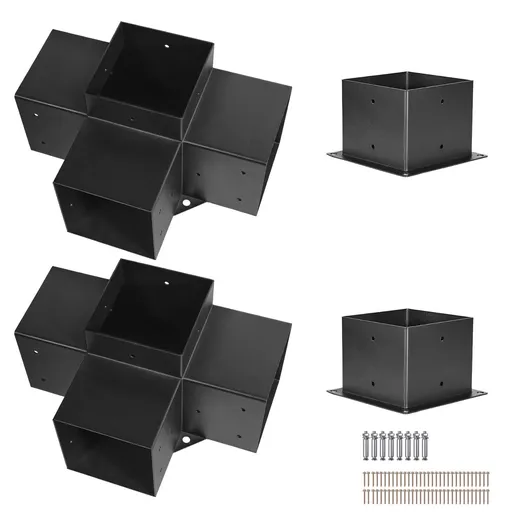 Pergola Bracket Kit, 6x6 Inch (Inner Size 142 x 142 mm), 2 Pcs 4-Way Heavy Duty Corner Bracket Woodworks DIY Post Base Kit, Easy Installation Wooden Beams for Gazebos, Patio Pergolas, Log Cabin