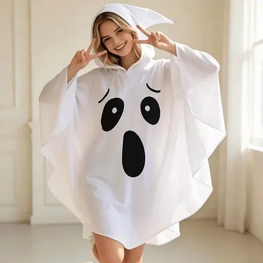 Halloween Ghost Hooded Cloak, Cartoon Shocked Face Print, Scalloped Hem, 100% Polyester Slightly Stretchy Fabric, Sleeveless Pullover, Must-Have for Cosplay Party & Trick-or-Treating!