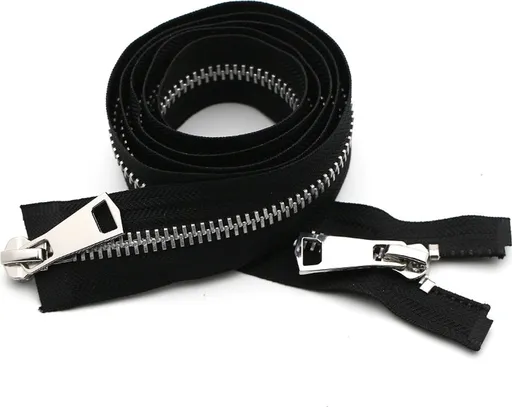 Zipper - Pack of 2 - Two-way zipper - Double slider - Divisible - Silver teeth - Black, silver - No. 5 70 cm - For jackets and coats