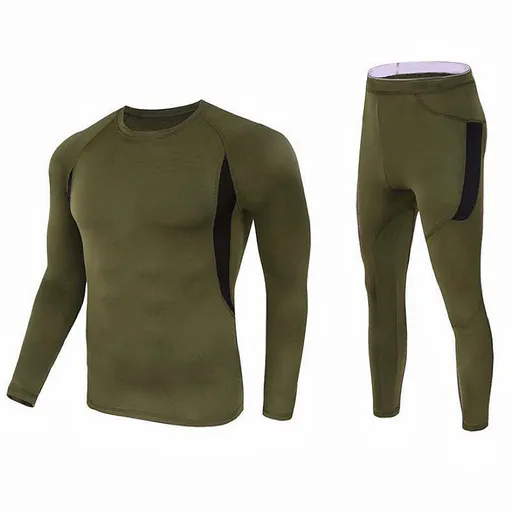 XXL Size Green Men's Tactical 4-Way Stretch Fleece Lined Thermal Underwear Set - Winter Sweat-Wicking & Breathable Sportswear for Training & Outdoors
