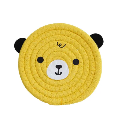 4 Piece Woven Cotton Coasters Cute Bear Design 18cm Diameter Durable Heat Resistant Trivets for Drink Cup Dishes and Pot