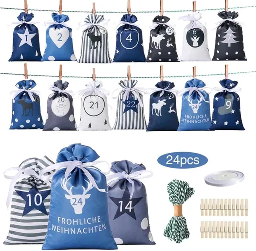 Advent Calendar Bags DIY Christmas Countdown 24 Piece Reusable Blue