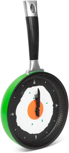 Green Frying Pan Kitchen Wall Clock with Fried Egg Dial and Fork-and-Knife Hands