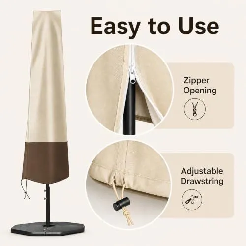 Patio Umbrella Cover Beige Brown, 600D Oxford Outdoor Umbrella Protective Cover, Water-Resistant Garden Parasol Cover for Rain, Snow, Dust and Sun Protection - Beige-Brown - Size 200*55*60cm