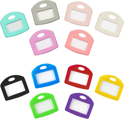 48 Pcs Cap Tags 1 Inch Covers Protectors with Clear Windows and Blank Paper Labels, Soft Identifiers for Standard Regular Thin Flat House Keys, 12 Colors (Not for Odd-Shaped)