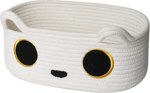 Cat Toy Basket, Small Woven Cat Toy Storage Box with Cute Ears Handle Indoor, Cotton Rope Storage Bin with Embroidered Face for Home Decor, Pet Bed, Baby Nursery Kids Room Organization - White - Size 13in*9in