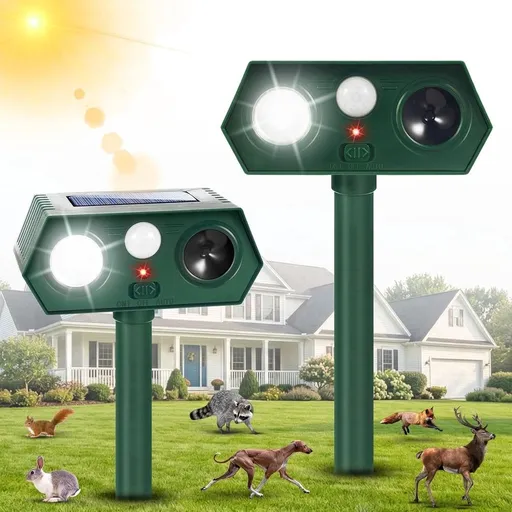2 Pack Ultrasonic Animal Repellent,Outdoor Deer Repeller Devices with Motion Sensor Strobe Light for Squirrel Raccoon Rabbit Stray Cat,Farm Yard