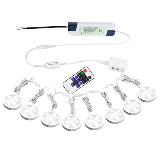 Linkable Under Cabinet LED Lighting 12V Slim Aluminum Dimmable Puck Lights Direct Wired with RF Remote Control for Kitchen Lighting(8pack Daylight White)