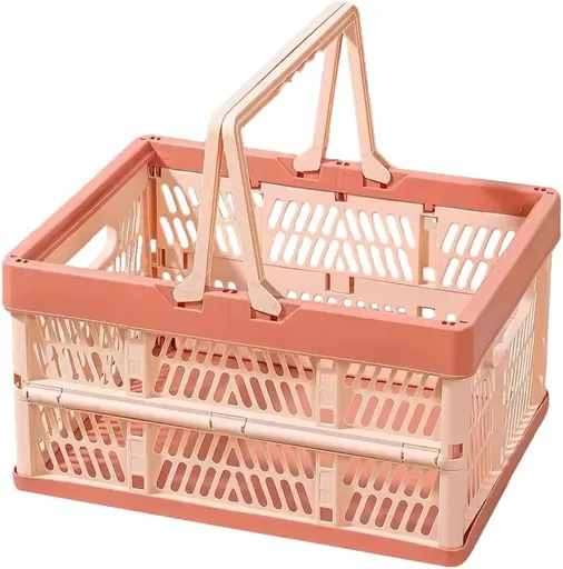 Collapsible Storage Crate with Handles for Shopping, Camping and Car Boots, Foldable Stackable Basket for Home Storage, Pink