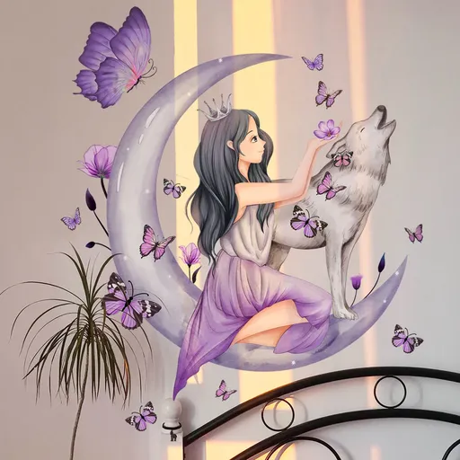 The Moon Princess and Wolf Pattern Sticker for Girls Room Background Wall Sticker Living Room, Sofa, TV Wall