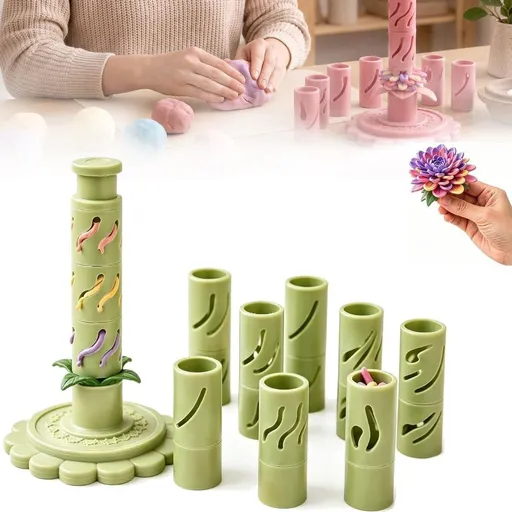 With 12 colors of modeling clay 3D Promted Flower Modular Clay Bloom Maker with 9 Shaping Sleeves Reusable Press Mold,Effortlessly make unique layered clay flowers for beginners and DIY lovers - Green