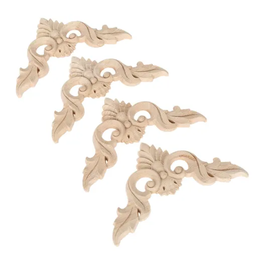 4pcs，Unpainted Wooden Carved Decal Corner Woodcarving Onlay Applique Flower Furniture Cabinet Box Doors Decoration
