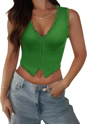 2-Pack Green French Vintage Lace Splice Camisole(2XL Size) - Slim Fit Halter Top with Back Detail and Button Placket