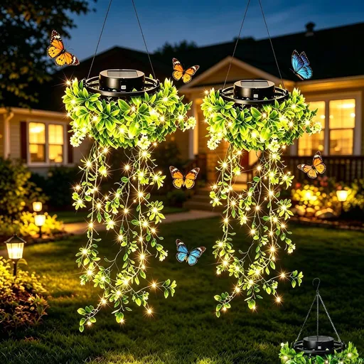 Outdoor Solar-Powered Hanging Lights 66 LED Warm White Glow Green 2Pack