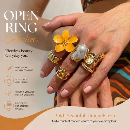 Artistic Liquid Lava Floral Ring Stack, Baroque Faux Pearl Gemstone Inlaid Finger Jewellery, Light Gold & Yellow Floral, 6 Pack
