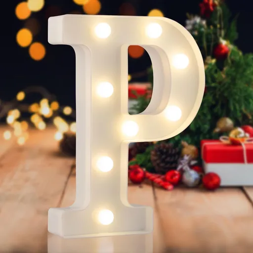 Sign letter P, warm white, 26 letters, 10 numbers, heart and & symbol; for birthday, party, Christmas, home, bar, wedding decoration; DIY word combinations; wall & tabletop display; battery operated.