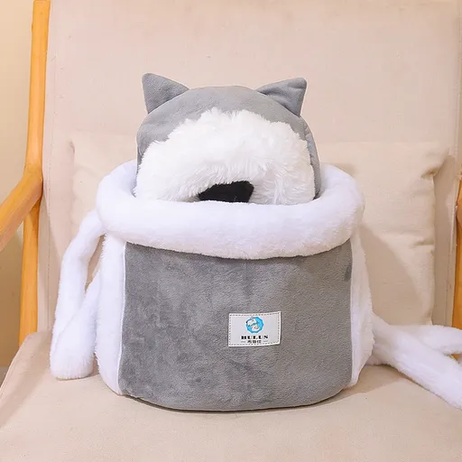 Grey 2-in-1 Ultra-Soft Plush Pet Carrier & Mobile Bed - Portable & Lightweight Cute Cat Ear Design Travel Cabin (XL 38 x 25 x 30CM)