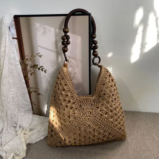 Trendy Handmade Crochet Straw Shoulder Bag, Solid Brown Paper Rope Woven Purse, Ideal for Beach Getaway & Daily Outing, Christmas Halloween Casual Fashion Present