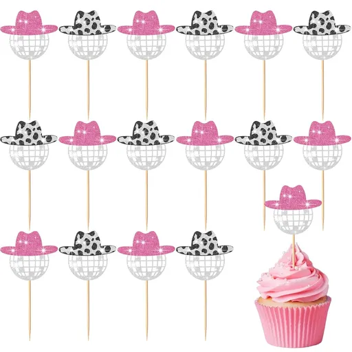 60 Pcs Glitter Disco Ball Cupcake Topper Cowboy Hat Cake Decorations Mini Cowgirl Party Decorations with Picks for Birthday Disco 2000s Theme Party(Simple)