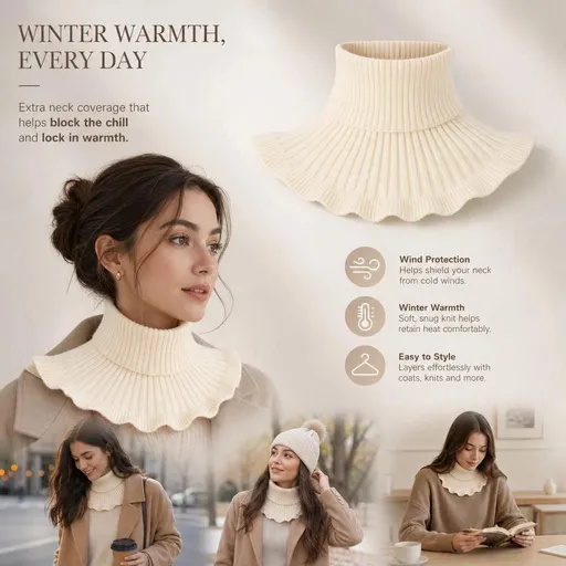 Soft thick knit fake collar neck warmer, effective chill defence, gentle all-outfit layering piece, Off White