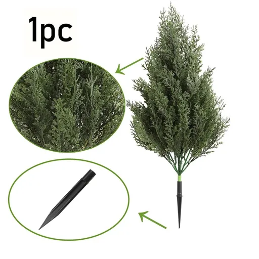 Artificial Cedar Topiary with Ground Stakes, 19.7 Inch UV Resistant Fake Cypress Shrub, Faux Evergreen for Outdoor Garden Decor, Army Green