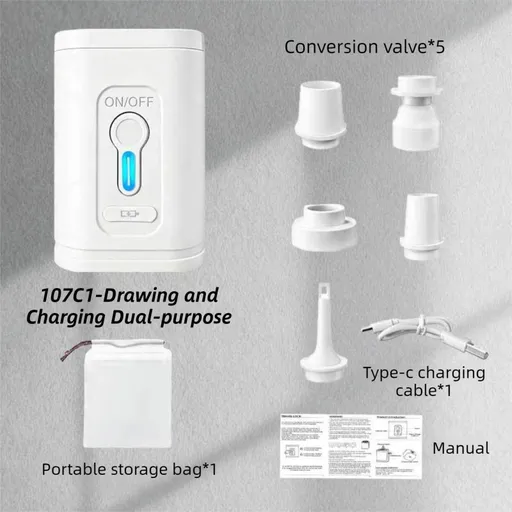 White Wireless Rechargeable Vacuum Pump with 5 Versatile Nozzles - 2-in-1 Compact High-Suction Inflator & Deflator for Travel & Home
