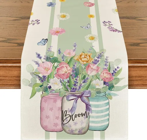 Vase Bloom Tulip Lavender Summer Table Runner, Seasonal Spring Kitchen Dining Table Decoration for Home Party Decor 13x72 Inch