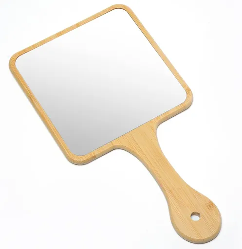 Handheld Mirror,Natural Bamboo Hand Mirror with Handle,Cute Hand held Mirror for Shaving Single-Sided Portable