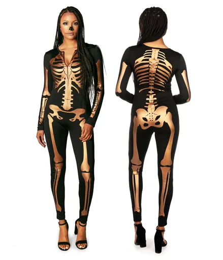 Skeleton Printed Bodysuit for Halloween Costume Parties & Themed Events, M (Apricot)