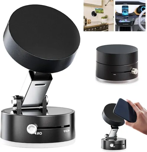 Vacuum Magnetic Phone Holder With Twist Lock Suction Cup, Foldable 360 Swivel Adjustable Stand For Car Gym Kitchen Bathroom Desk, Black