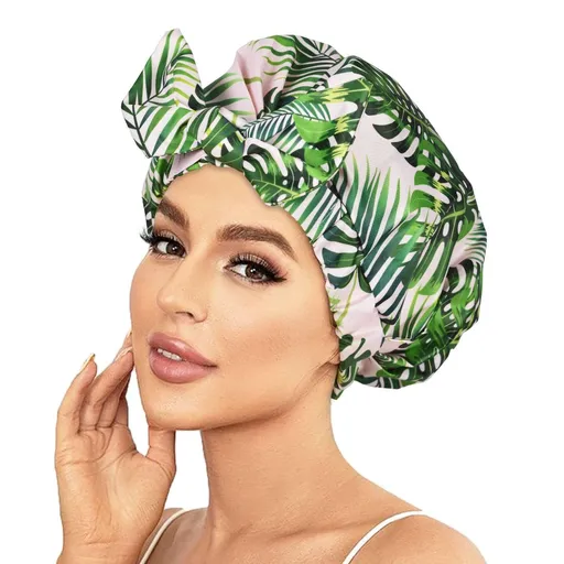 Shower Cap Luxury Shower Caps for Women Reusable Waterproof Hair Cap for Shower with Adjustable Bowknot Hair Bath Cap (Green Palm)