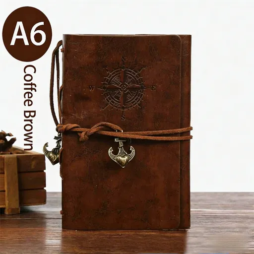 2-Pack A6 Nautical Vintage PU Leather Student Notebook - Pirate Style Strapped Diary with 150 Pages of Refillable Kraft Paper(Coffee Brown)